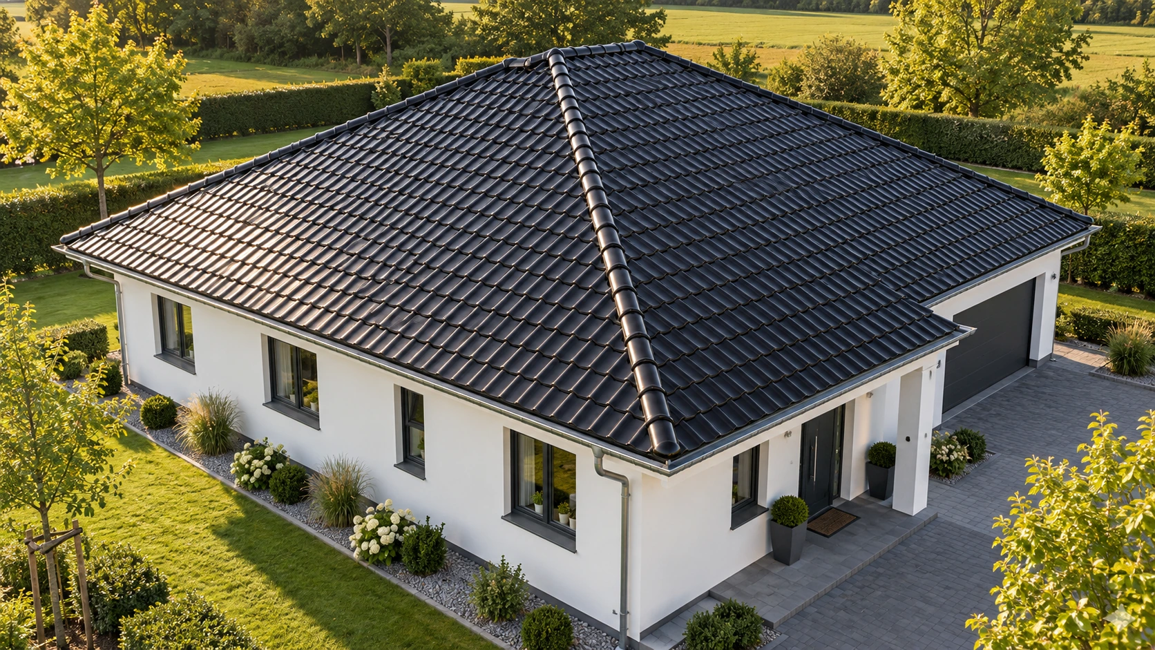 KI-Visualisierung eines weißen Hauses mit glänzend schwarzem Ziegeldach aus erhöhter Perspektive